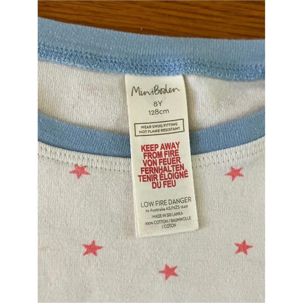 Mini Boden White Pink Blue Star Cotton Two Piece Cozy Pajamas 8